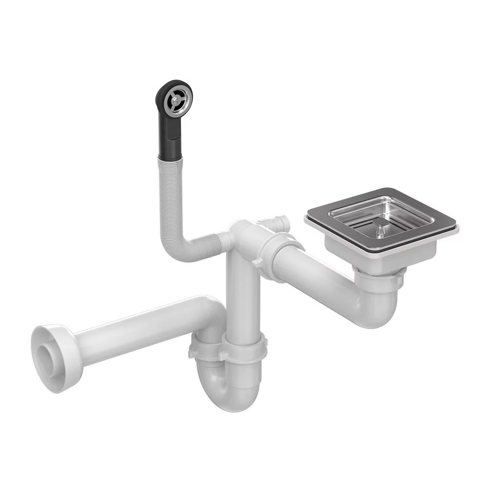 Sifon cu capac scurgere patrat Quadron Unique finisaj inox pentru chiuvete granit 1 cuva