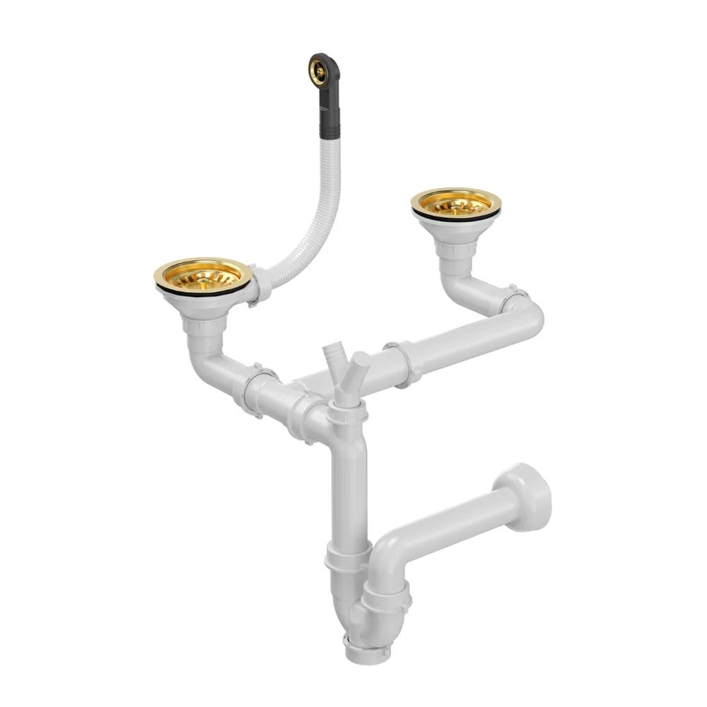 Sifon manual Quadron finisaj auriu pentru chiuvete granit cu 2 cuve