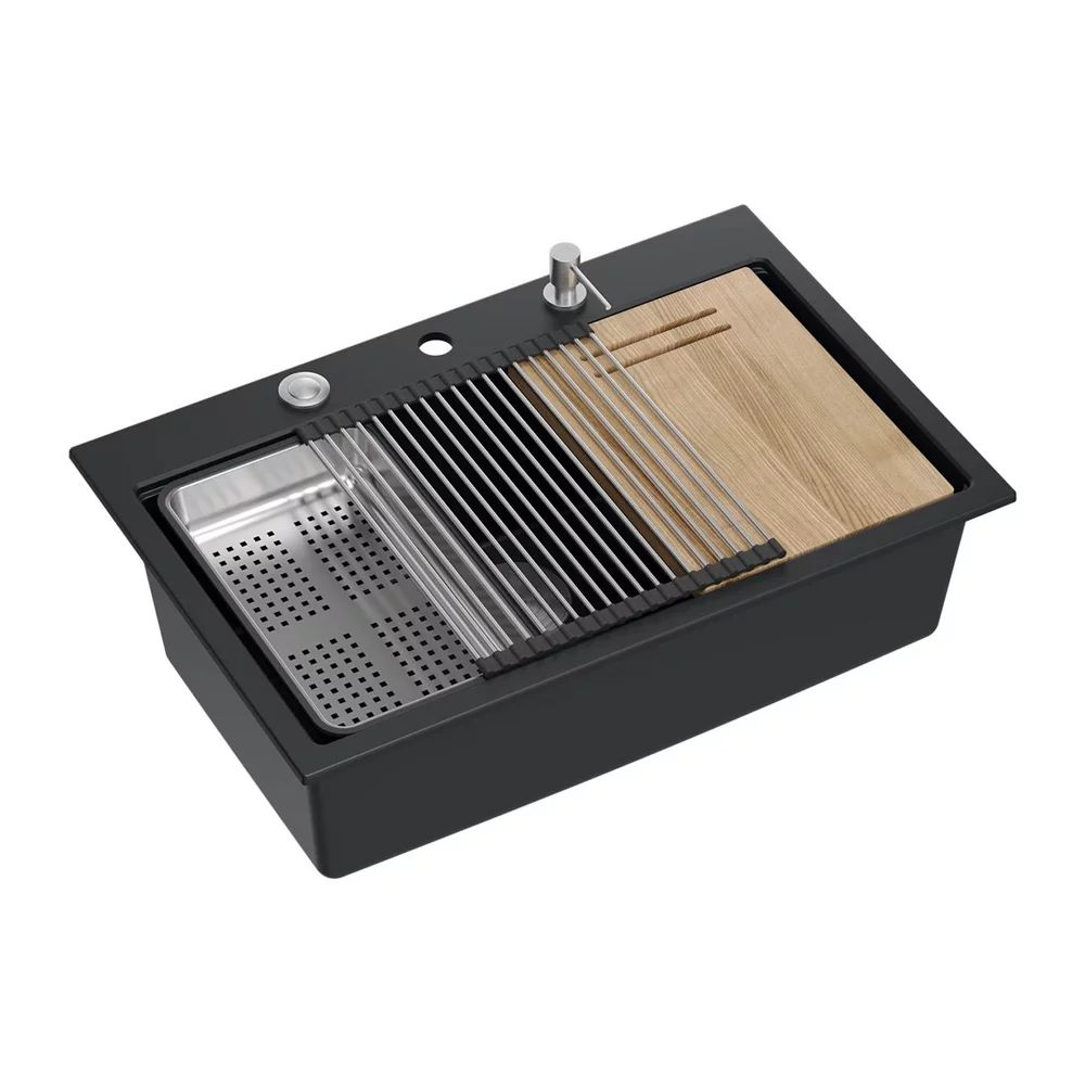 Statie de lucru incastrata Quadron Unique Marc 110 negru carbon - inox 1 cuva 75x49 cm