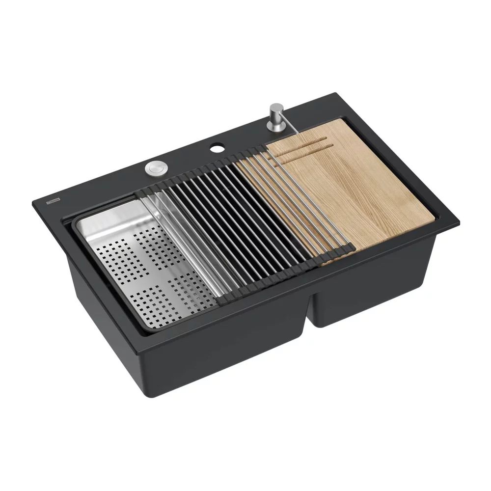 Statie de lucru incastrata Quadron Unique Marc 120 negru carbon - inox 2 cuve 76x50 cm