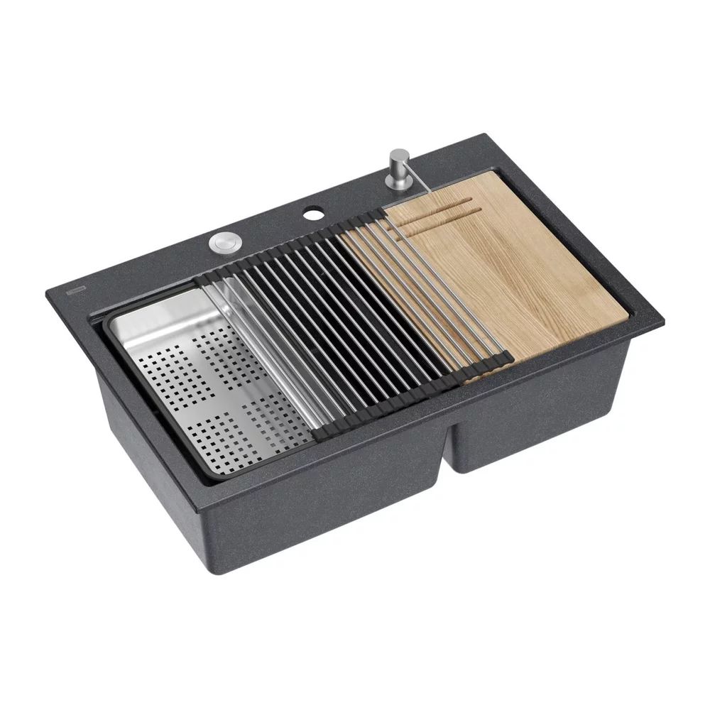 Statie de lucru incastrata Quadron Unique Marc 120 negru diamant - inox 2 cuve 76x50 cm