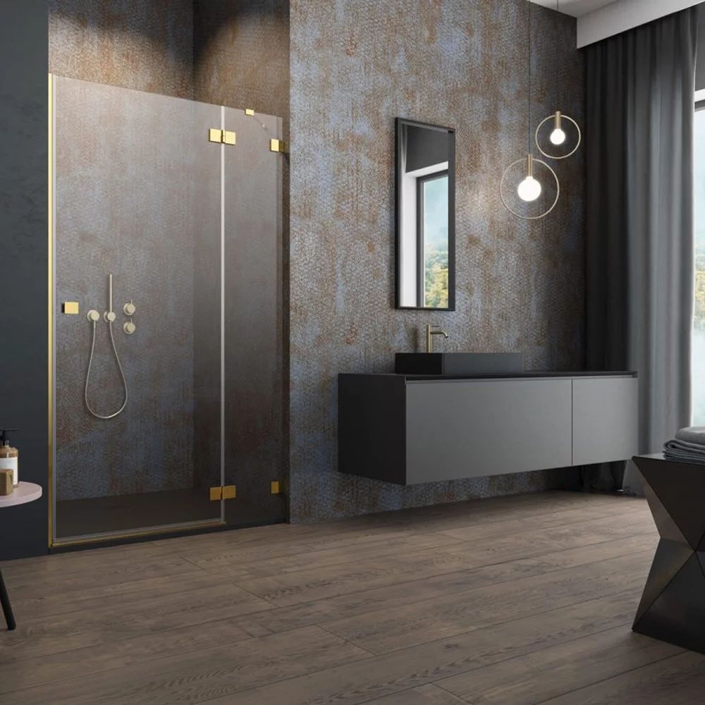 Usa de nisa batanta Essenza Pro Gold 120 cm sticla 6 mm finisaj auriu periat-transparent deschidere dreapta