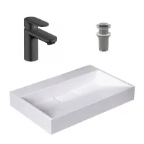 Pachet lavoar pe blat Rea Goya alb 60 cm, baterie lavoar Hansgrohe Vernis Blend 100 negru si ventil lavoar Click-Clack crom