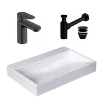 Pachet lavoar pe blat Rea Goya alb 60 cm, baterie lavoar Hansgrohe Vernis Blend 100 negru si ventil lavoar Click-Clack negru