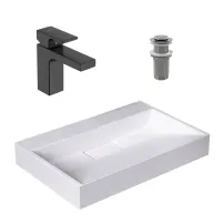 Pachet lavoar pe blat Rea Goya alb 60 cm, baterie lavoar Hansgrohe Vernis Shape negru si ventil lavoar Click-Clack crom