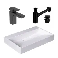 Pachet lavoar pe blat Rea Goya alb 60 cm, baterie lavoar Hansgrohe Vernis Shape 100 negru si ventil lavoar Click-Clack negru