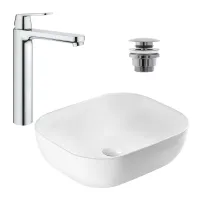 Pachet lavoar pe blat Rea Belinda Slim alb 46.5 cm, baterie lavoar Grohe Eurosmart Cosmopolitan XL crom si ventil lavoar Click-Clack crom