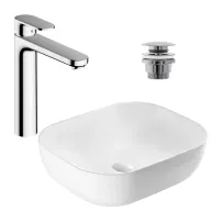 Pachet lavoar pe blat Rea Belinda Slim alb 46.5 cm, baterie lavoar Hansgrohe Vernis Blend crom si ventil lavoar Click-Clack crom