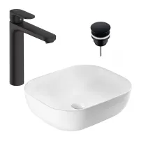 Pachet lavoar Rea Belinda alb si baterie lavoar Hansgrohe Vernis Blend negru si ventil lavoar Click-Clack D negru