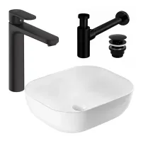 Pachet lavoar pe blat Rea Belinda alb 46.5 cm, baterie lavoar Hansgrohe Vernis Blend negru si ventil lavoar Click-Clack negru