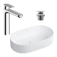 Pachet lavoar pe blat Omnires Mesa alb 53.5 cm, baterie lavoar Hansgrohe Vernis Blend 190 crom si ventil lavoar Click-Clack crom