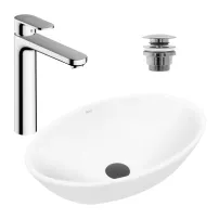 Pachet lavoar pe blat Rea Pamela alb 53 cm, baterie lavoar Hansgrohe Vernis Blend crom si ventil lavoar Click-Clack crom