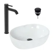 Pachet lavoar pe blat Rea alb 48 cm, baterie lavoar Ideal Standard Ceraline negru si ventil lavoar Click-Clack negru