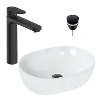 Pachet lavoar pe blat Rea Amelia alb 48 cm, baterie lavoar Hansgrohe Vernis Blend negru si ventil lavoar Click-Clack D negru