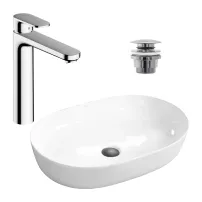 Pachet lavoar pe blat Rea Cleo alb 61 cm, baterie lavoar Hansgrohe Vernis Blend crom si ventil lavoar Click-Clack crom