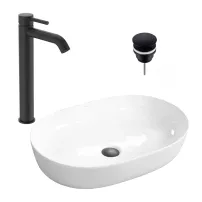 Pachet lavoar pe blat Rea Cleo alb 61 cm, baterie lavoar Ideal Standard Ceraline negru si ventil lavoar Click-Clack D negru