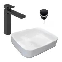 Pachet lavoar pe blat Rea Demi Slim alb 51 cm, baterie lavoar Hansgrohe Vernis Shape 190 negru si ventil lavoar Click-Clack negru