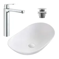 Pachet lavoar pe blat Rea Royal alb 62.5 cm, baterie lavoar Grohe Eurosmart Cosmopolitan XL crom si ventil lavoar Click-Clack crom