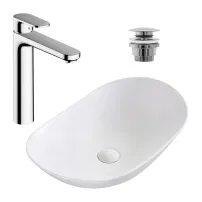 Pachet lavoar pe blat Rea Royal alb 62.5 cm, baterie lavoar Hansgrohe Vernis Blend 190 crom si ventil lavoar Click-Clack crom