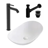 Pachet lavoar pe blat Rea Royal alb 62.5 cm, baterie lavoar Ideal Standard Ceraline negru si ventil lavoar Click-Clack negru