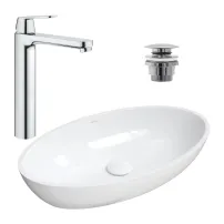 Pachet lavoar pe blat Omnires Siena M+ alb 60 cm, baterie lavoar Grohe Eurosmart Cosmopolitan XL crom si ventil lavoar Click-Clack crom