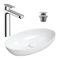 Pachet lavoar pe blat Omnires Siena M+ alb 60 cm, baterie lavoar Hansgrohe Vernis Blend crom si ventil lavoar Click-Clack crom