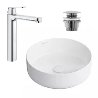 Pachet lavoar pe blat Omnires Tulsa alb 36 cm, baterie lavoar Grohe Eurosmart Cosmopolitan XL crom si ventil lavoar Click-Clack crom