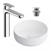 Pachet lavoar pe blat Omnires Tulsa alb 36 cm, baterie lavoar Hansgrohe Vernis Blend crom si ventil lavoar Click-Clack crom