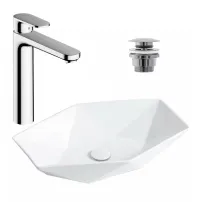 Pachet lavoar pe blat Rea Vegas alb 57 cm, baterie lavoar Hansgrohe Vernis Blend 190 crom si ventil lavoar Click-Clack crom