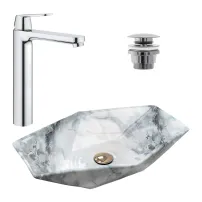 Pachet lavoar pe blat Rea Vegas granit 57 cm, baterie lavoar Grohe Eurosmart Cosmopolitan XL crom si ventil lavoar Click-Clack crom