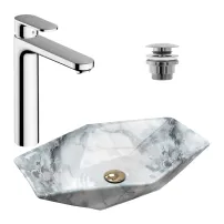 Pachet lavoar pe blat Rea Vegas granit 57 cm, baterie lavoar Hansgrohe Vernis Blend 190 crom si ventil lavoar Click-Clack crom