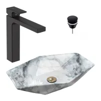 Pachet lavoar pe blat Rea Vegas granit 57 cm, baterie lavoar Hansgrohe Vernis Shape 190 negru si ventil lavoar Click-Clack D negru
