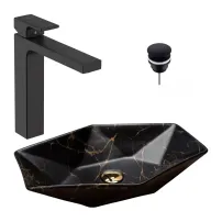 Pachet lavoar pe blat Rea Vegas negru 56.5 cm, baterie lavoar Hansgrohe Vernis Shape 190 negru si ventil lavoar Click-Clack D negru