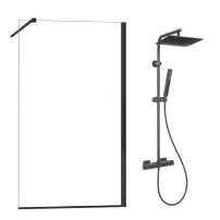 Pachet paravan dus Walk-In Fluminia Foxy negru 90x200 cm si coloana de dus Invena Svart negru