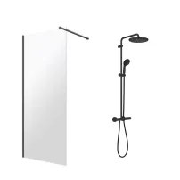 Pachet paravan dus Walk-In Omnires Marina negru 100x200 cm si coloana de dus Grohe Vitalio Start negru