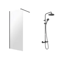 Pachet paravan dus Walk-In Omnires Marina negru 100x200 cm si coloana de dus Hansgrohe Vernis Blend negru
