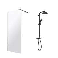 Pachet paravan dus Walk-In Omnires Marina negru 110x200 cm si coloana de dus Grohe Vitalio Start negru