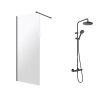 Pachet paravan dus Walk-In Omnires Marina negru 110x200 cm si coloana de dus Hansgrohe Vernis Blend negru