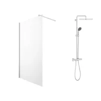 Pachet paravan dus Walk-In Omnires Marina crom 90x200 cm si coloana de dus cu baterie termostatata Grohe Vitalio Start Cube 250 crom lucios