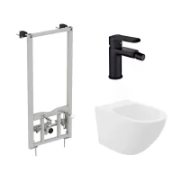 Pachet rama instalare Ideal Standard ProSys, bideu suspendat Rea Carlo alb si baterie bideu Invena Siros negru mat