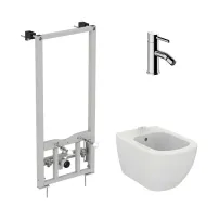 Pachet rama instalare Ideal Standard ProSys, bideu suspendat Ideal Standard Tesi alb si baterie bideu Omnires Y crom