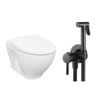 Pachet vas wc suspendat Cersanit Moduo, capac softclose si set dus igiena intima negru cu baterie incastrata Rea Loop