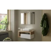 Set dulap baza suspendat si lavoar LC Mobili Italia Hamburg 92 cm finisaj alb/maro lemn