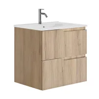 Set dulap baza suspendat Gala Canaletto 2 sertare 60 cm finisaj lemn bej si lavoar Luc alb