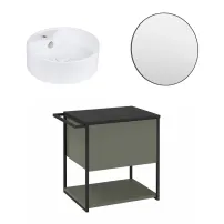 Set dulap baza suspendat Krofam Lov verde-negru 60 cm blat negru cu lavoar 38 cm si oglinda cu rama neagra