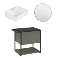 Set dulap baza suspendat Krofam Lov verde-negru 60 cm blat negru cu lavoar 49x38 cm si oglinda cu rama aurie
