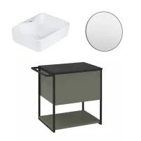 Set dulap baza suspendat Krofam Lov verde-negru 60 cm blat negru cu lavoar 49x38 cm si oglinda cu rama neagra