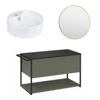Set dulap baza suspendat Krofam Lov verde-negru 80 cm blat negru cu lavoar 38 cm si oglinda