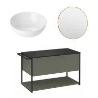 Set dulap baza suspendat Krofam Lov verde-negru 80 cm blat negru cu lavoar 39 cm si oglinda
