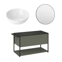 Set dulap baza suspendat Krofam Lov verde-negru 80 cm blat negru cu lavoar 39 cm si oglinda